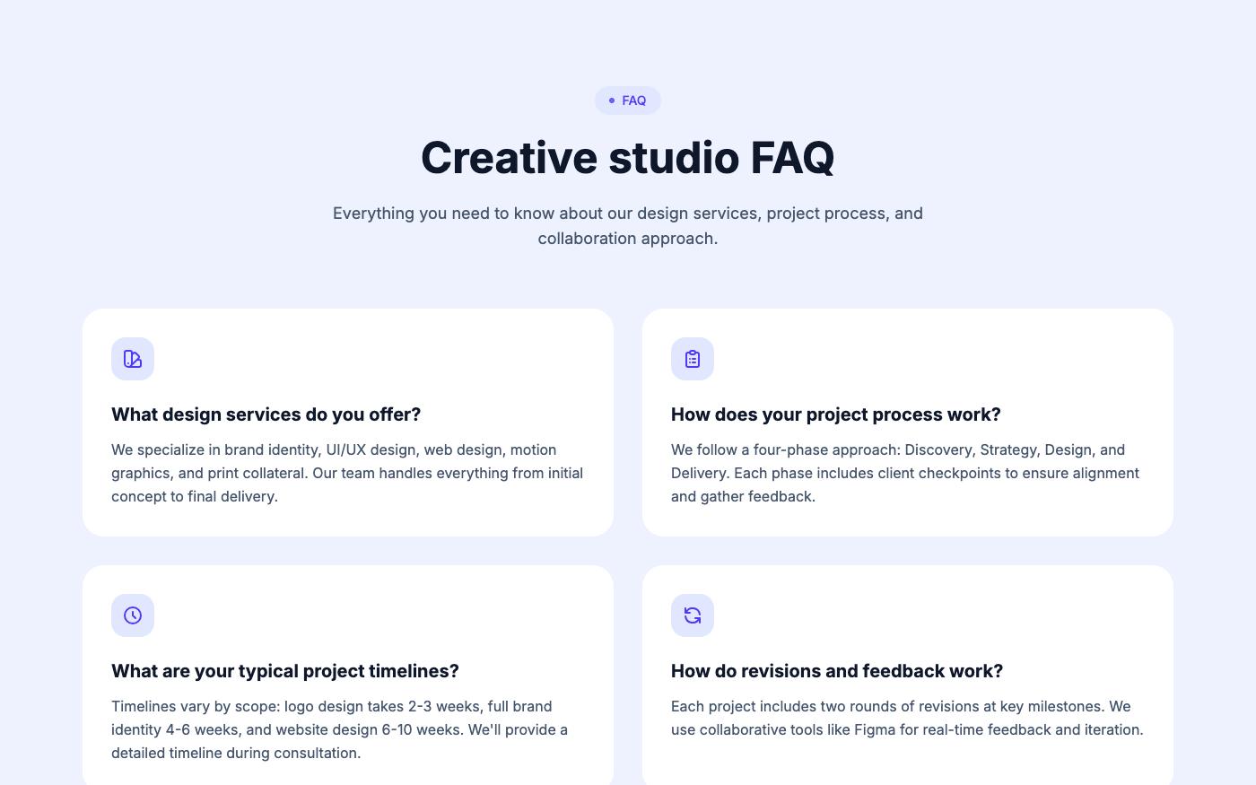 FAQ section with two-column grid