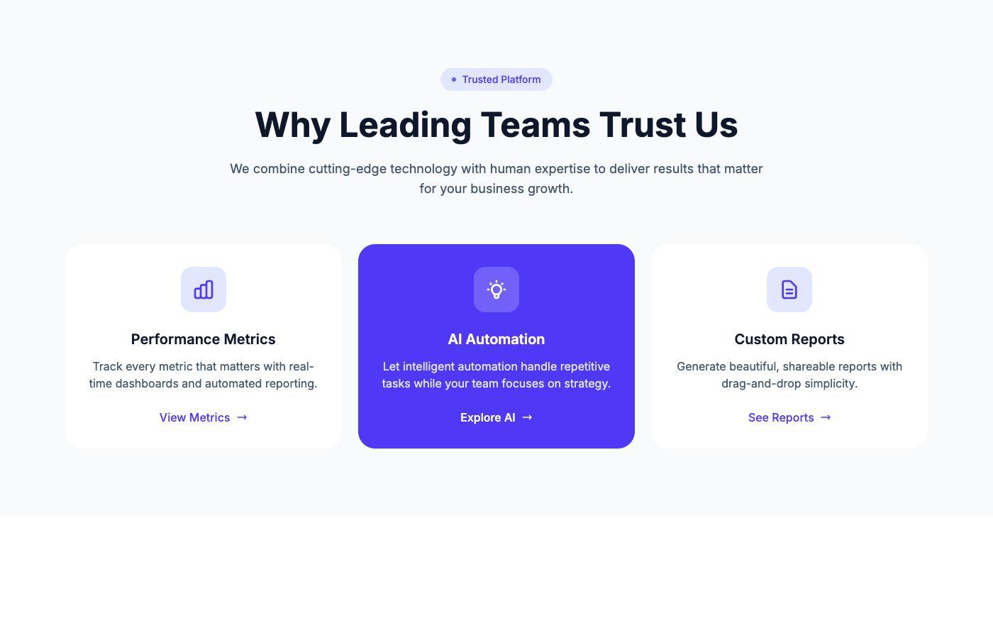 Feature cards with icons and descriptions