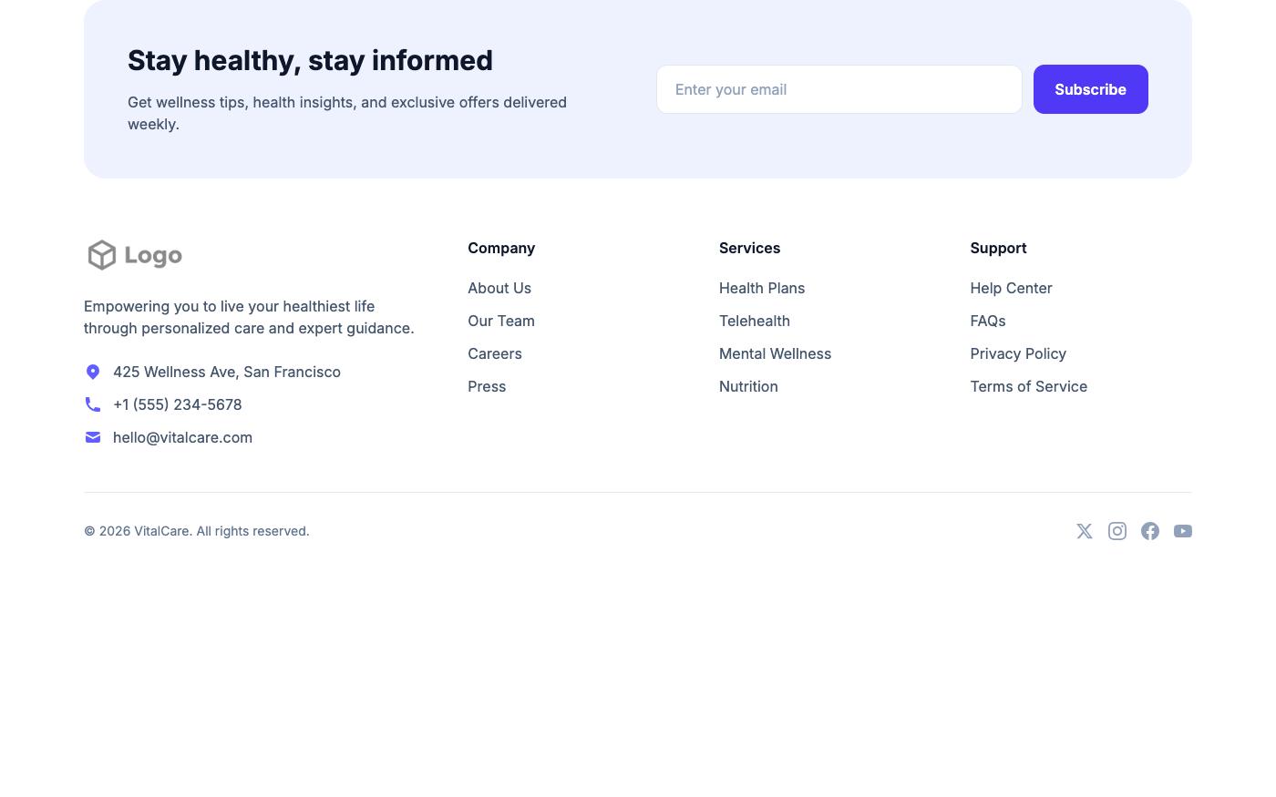 Footer with contact details and newsletter form