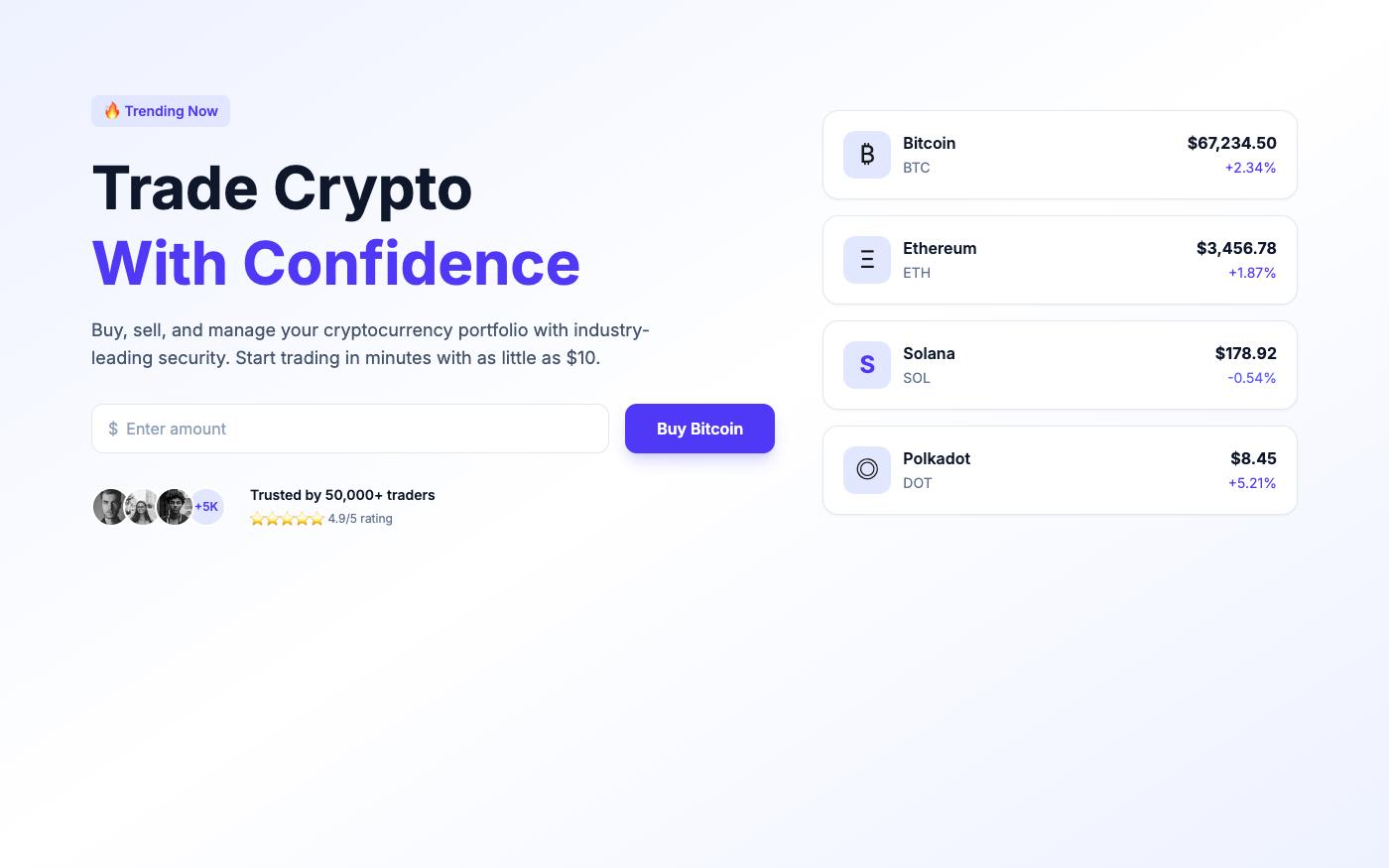 Crypto-themed dark hero section