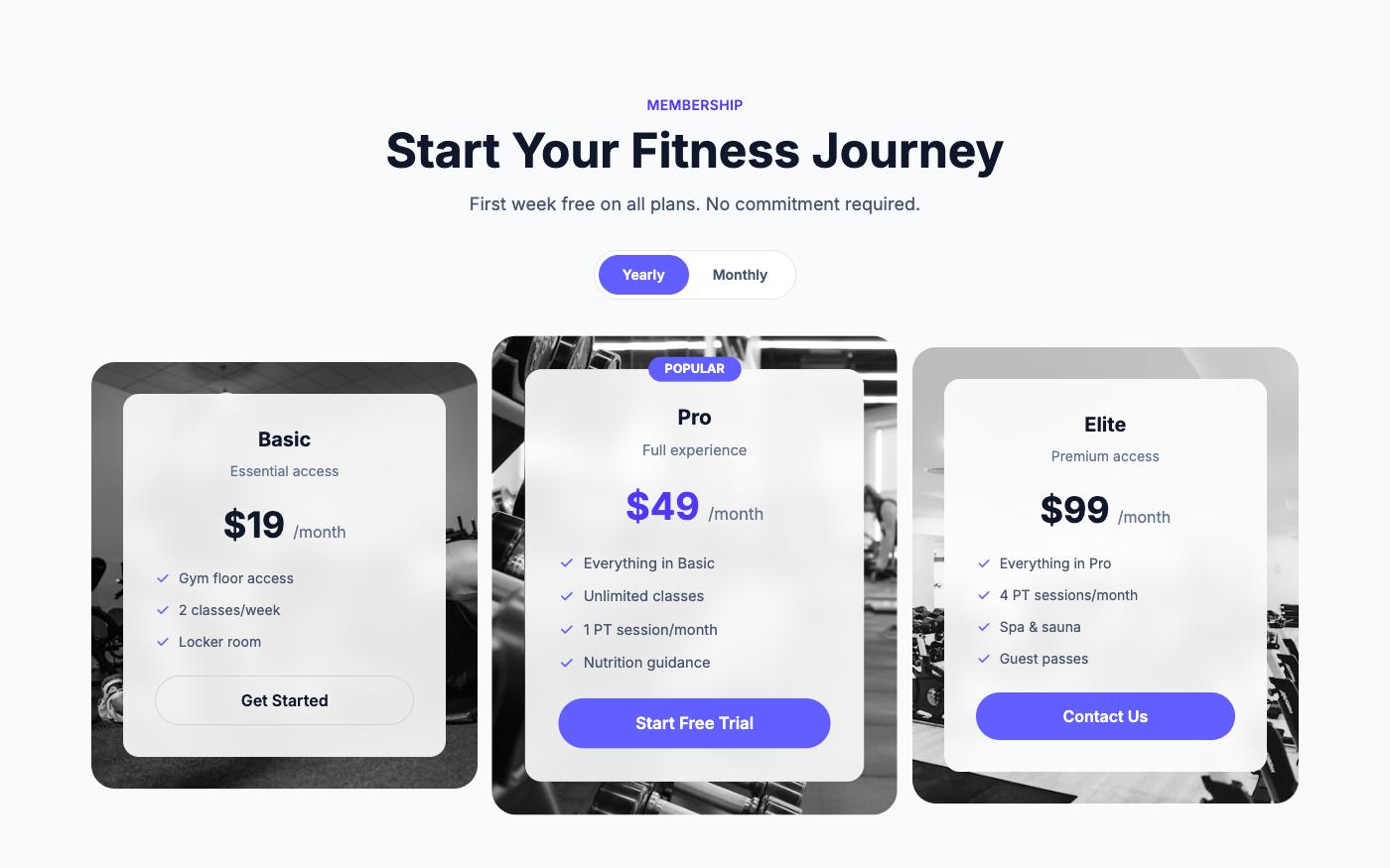 Glass-style pricing cards