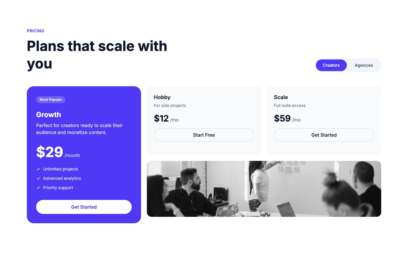 Clean pricing cards with highlighted plan