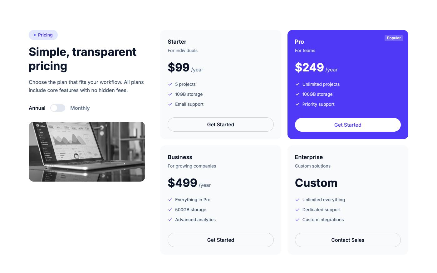 Pricing cards with monthly/yearly toggle