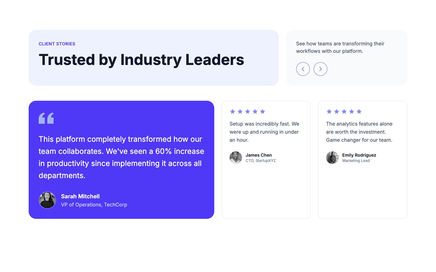 Testimonial carousel with customer photos